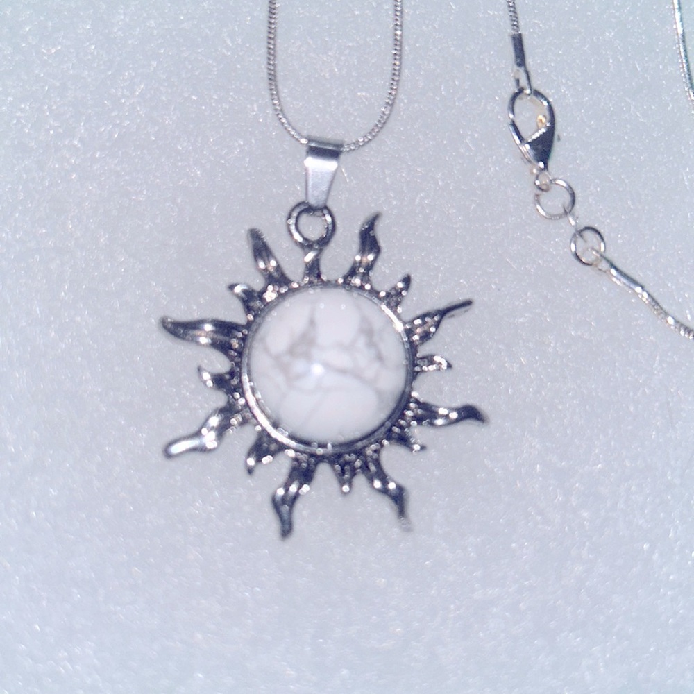 Boho hippie Howlite Quartz Crystal Sun Sterling Silver Necklace 30”